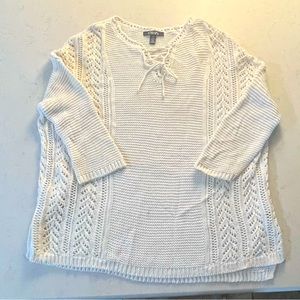 Chaps Tie Front White Open Knit Pullover Sweater Linen Blend Small
